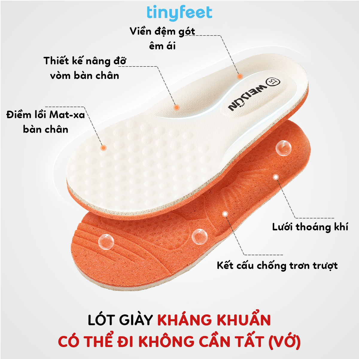 ấu tạo lót giày y khoa kháng khuẩn có điểm nâng đỡ vòm chân giúp chống bẹt chân