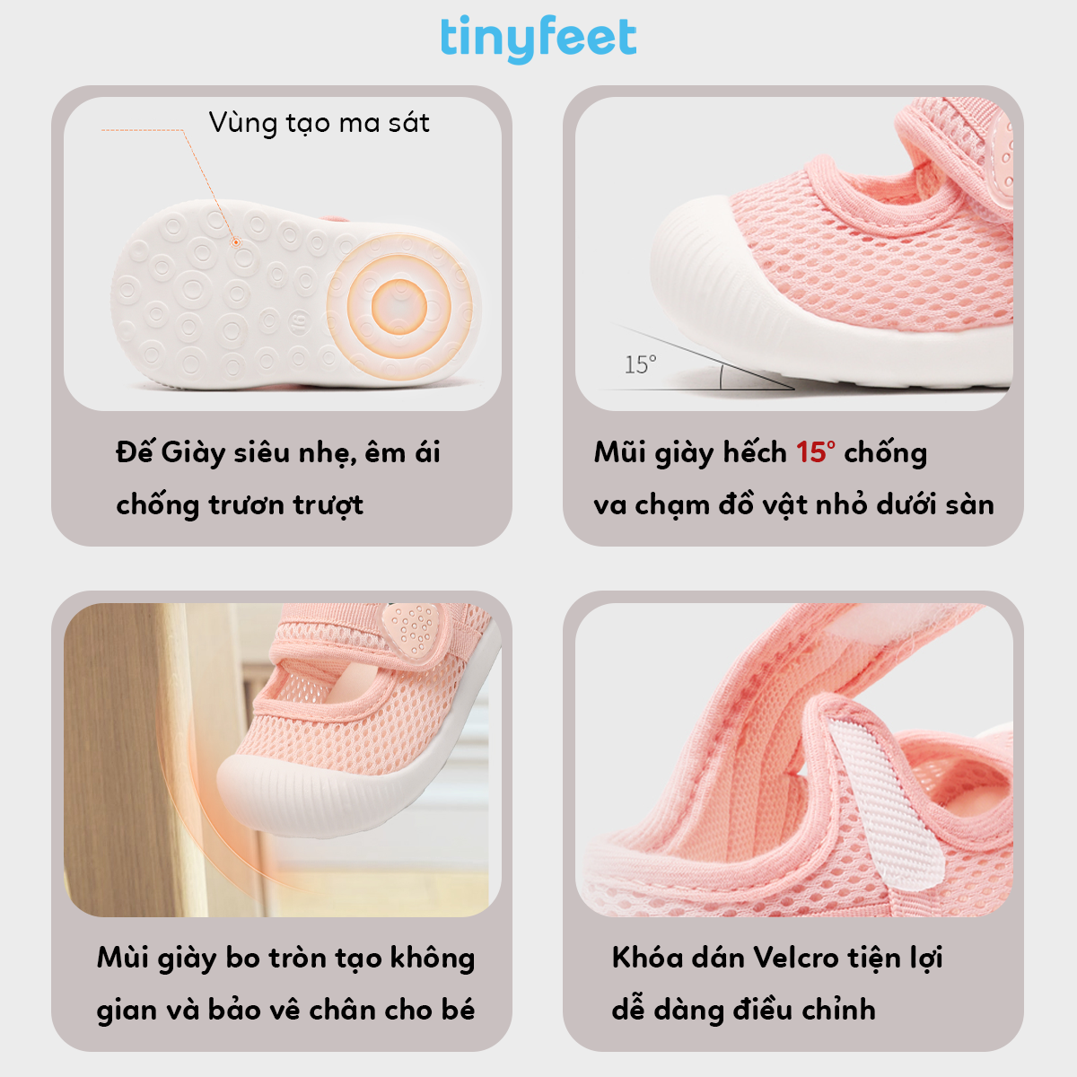 Chi tiết đế chống trượt và mũi giày thiết kế hếch 15 độ bảo vệ ngón chân bé