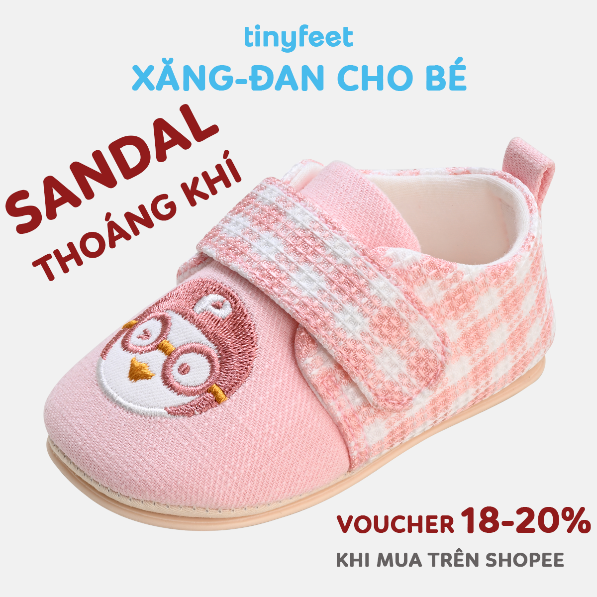 Ảnh cận cảnh đôi giày tập đi trẻ em với đế mềm chống trượt, mũi tròn rộng, lót êm, phù hợp cho bé mới biết đi