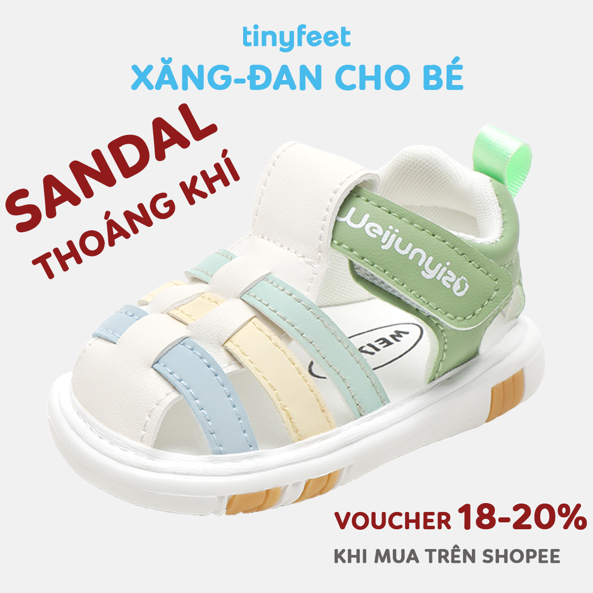 Ảnh minh họa giày trẻ em mũi tròn rộng, chất liệu mềm co giãn, đế bám chắc, giúp ngón chân thoải mái và an toàn
