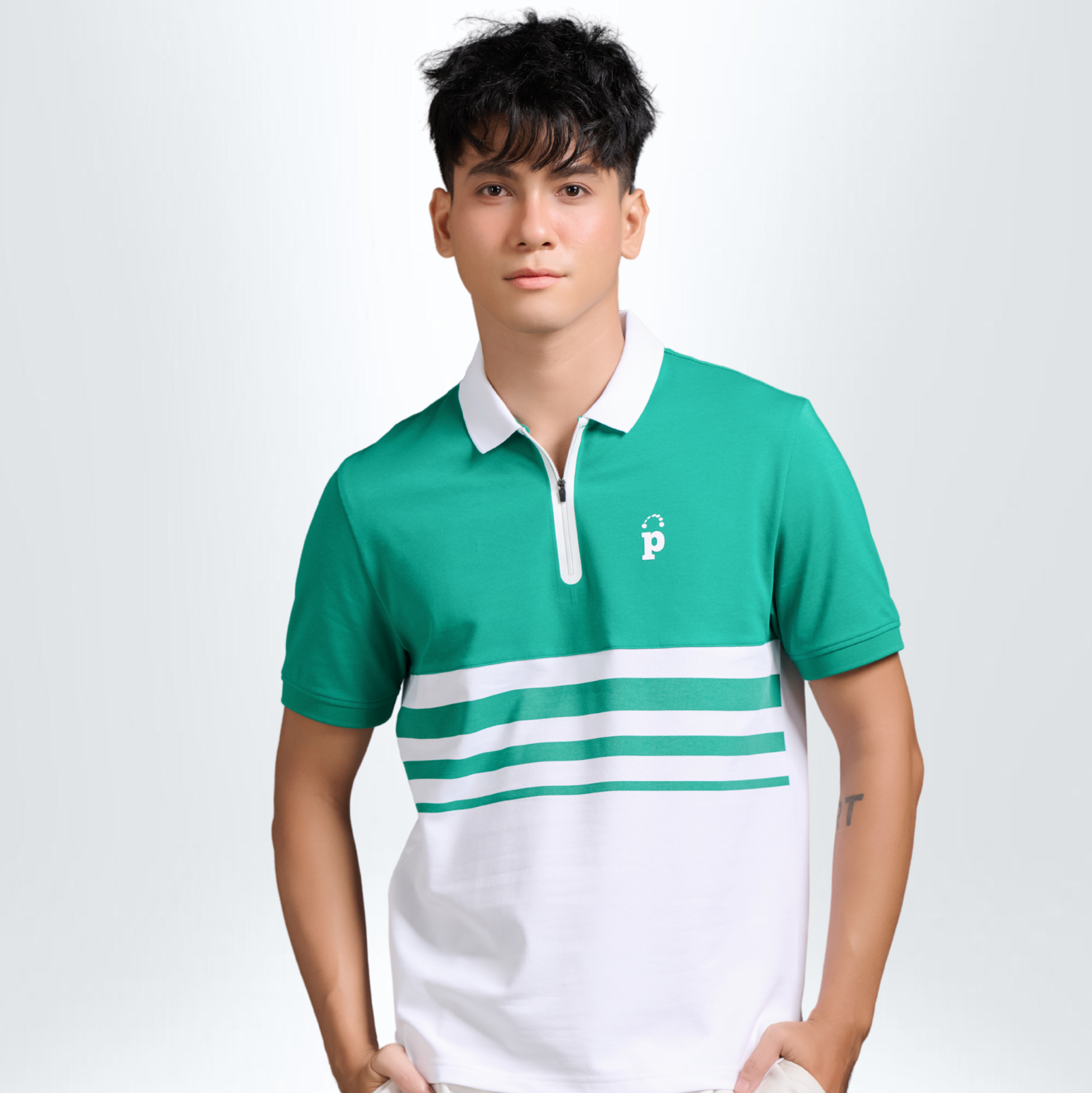 Áo Polo Nam PILI Phối Kẻ Màu Xanh Lá