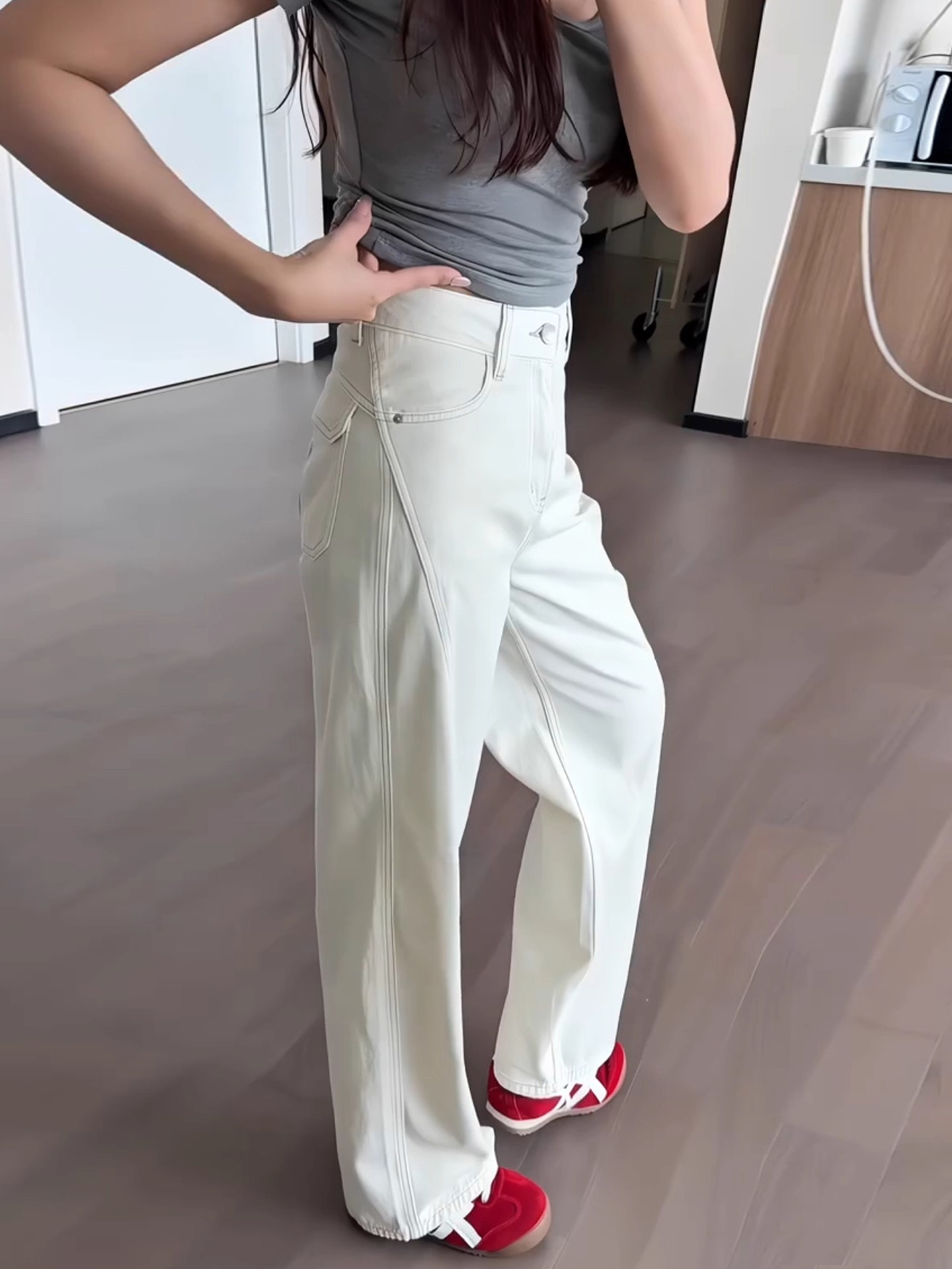 808-9 Quần jean ống rộng nữ lưng cao màu trắng  – chất denim dày đẹp, tôn dáng, dễ phối áo, phong cách Hàn Quốc