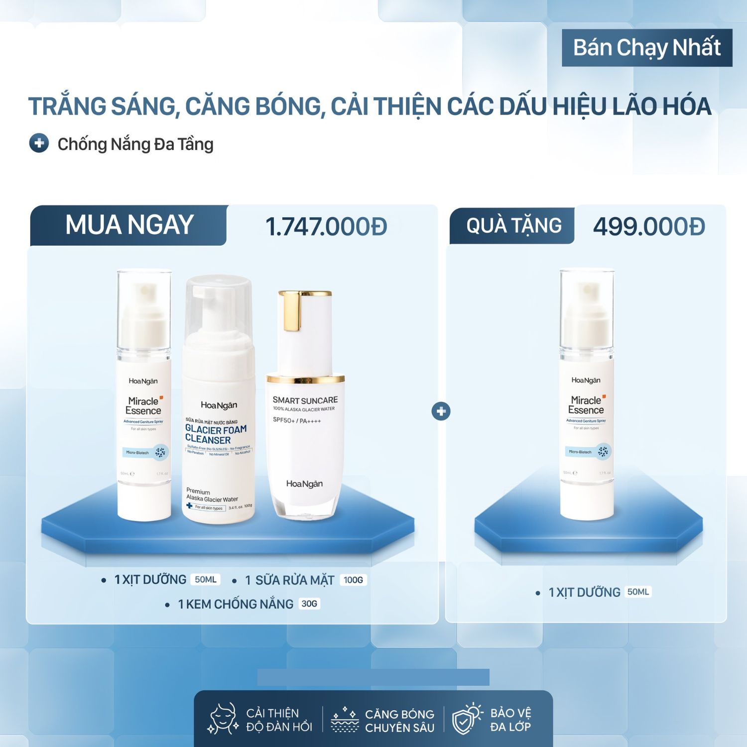 Combo 1 Xịt Dưỡng, Sữa rửa mặt & Kem Chống Nắng | Mỹ phẩm vi sinh Hoa Ngân