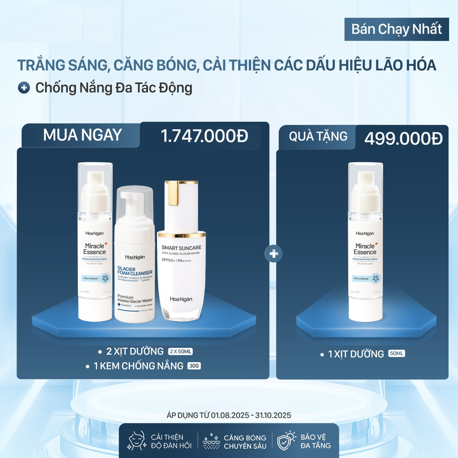 Combo 1 Xịt Dưỡng, Sữa rửa mặt & Kem Chống Nắng | Mỹ phẩm vi sinh Hoa Ngân