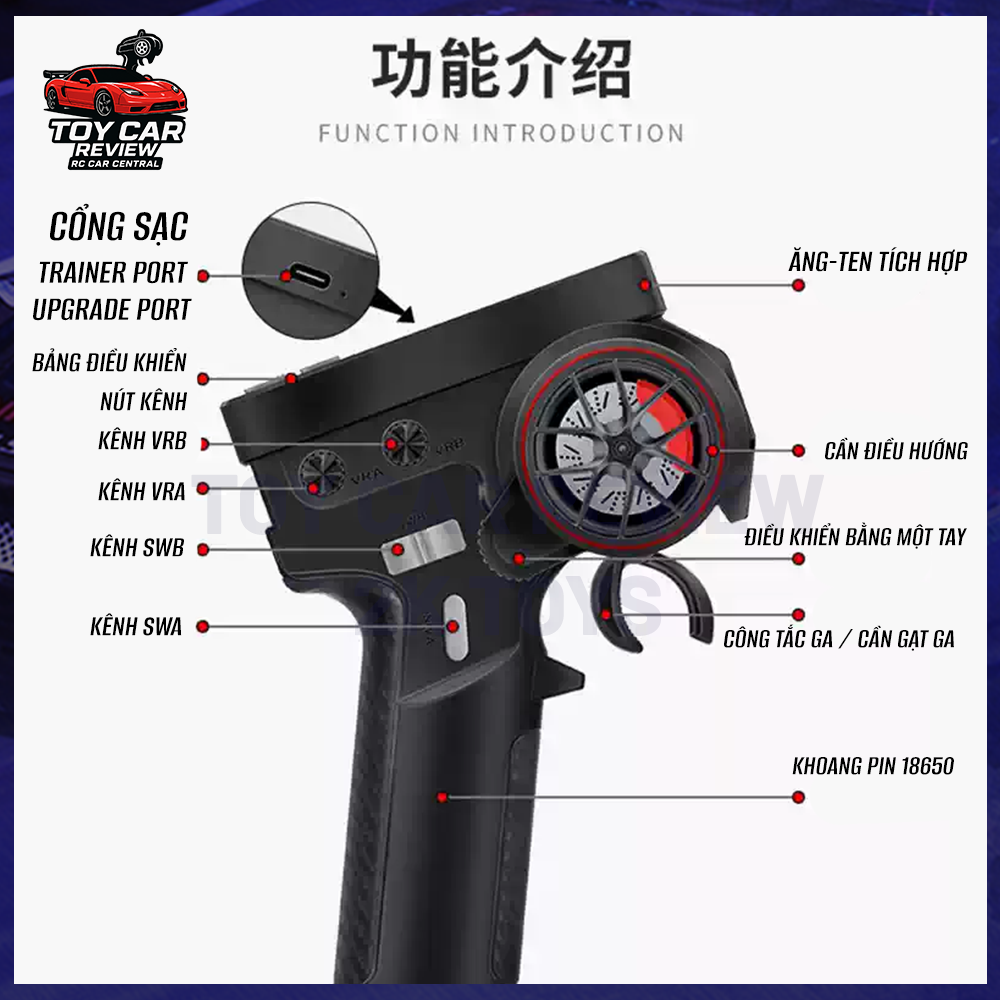 Tay điều khiển HotRC Huahang CT10B, vô-lăng kim loại, 4 kênh, kèm receiver mini 2.4G – Dùng cho xe RC RWD