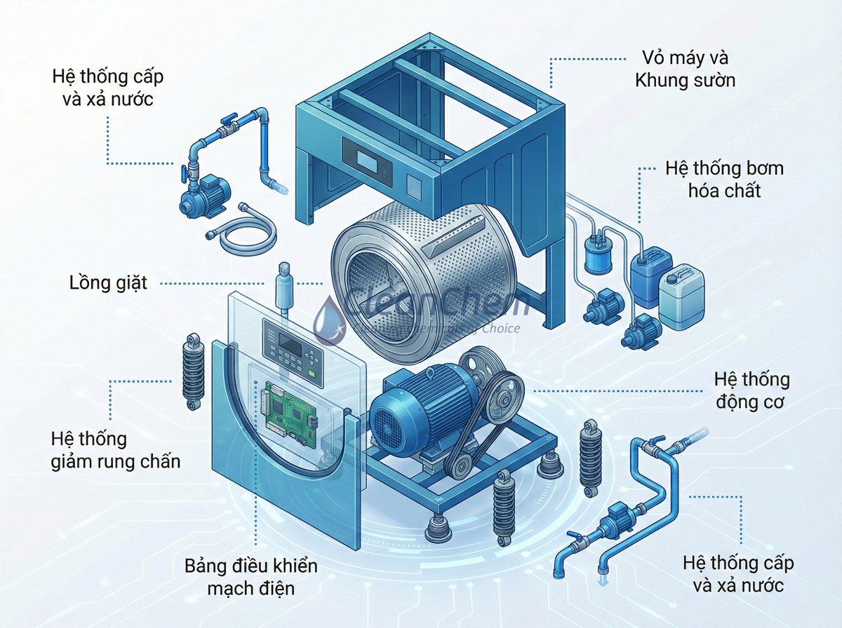 Cấu tạo máy giặt công nghiệp: 7 Bộ phận 