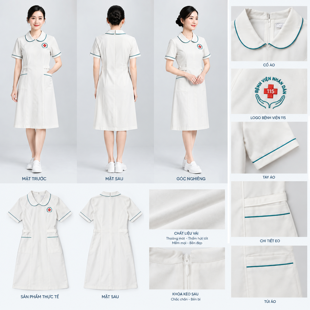 Bộ Đồng Phục Y Tế Đầm Điều Dưỡng Nữ Cổ Cánh Sen - Bệnh Viện Nhân Dân 115