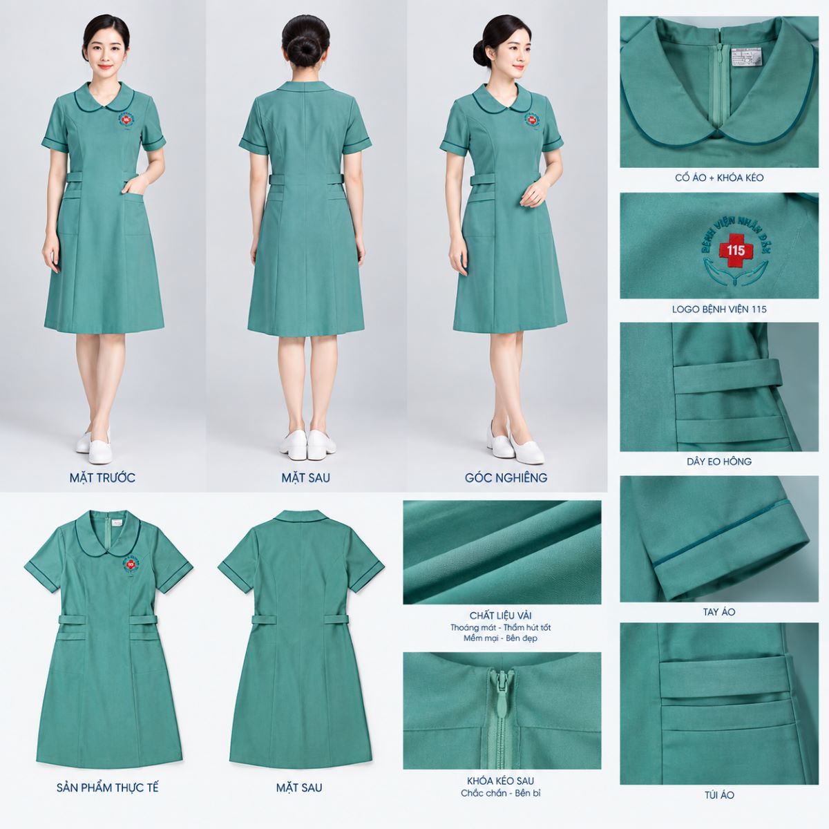 Bộ Đồng Phục Y Tế Đầm Điều Dưỡng Nữ Cổ Cánh Sen - Bệnh Viện Nhân Dân 115