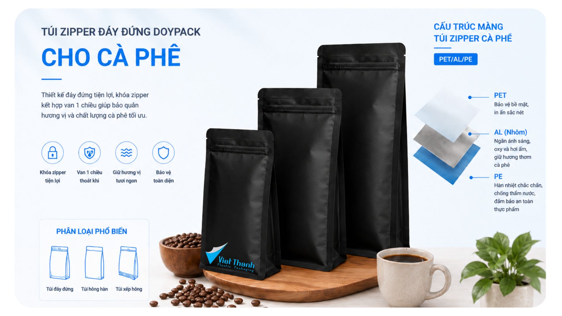 Túi Zipper Đáy Đứng Doypack Cho Cà Phê