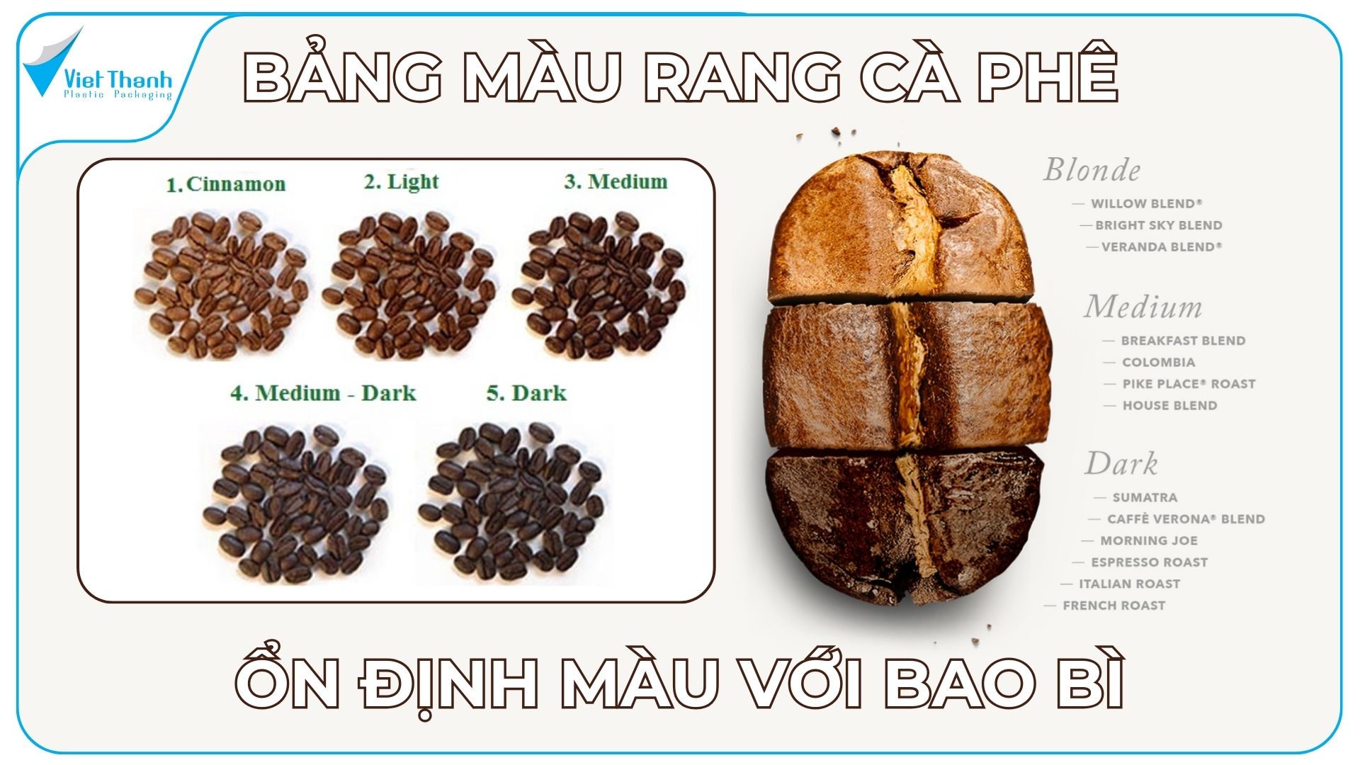 Bảng màu rang cà phê: Mối liên hệ giữa cấp độ rang, màu sắc, hương vị và yêu cầu bao bì