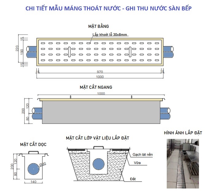 Máng thoát sàn nhà hàng và trung tâm thương mại (Inox 304 cao cấp)