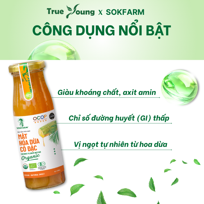 (GIẢM 15%) Mật hoa dừa cô đặc Organic Sokfarm, chỉ số đường huyết thấp