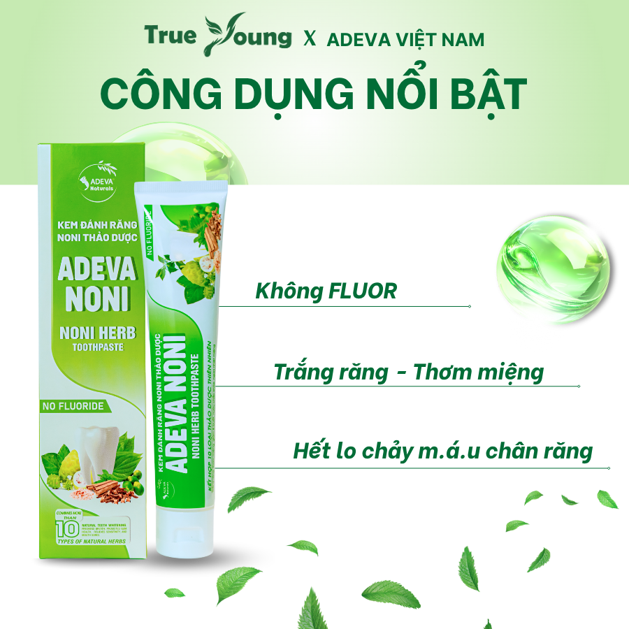 Kem Đánh Răng Thảo Dược NONI Adeva - Trắng răng, Ngăn Ngừa Hôi Miệng, Hỗ trợ giảm ê buốt, Viêm Nướu