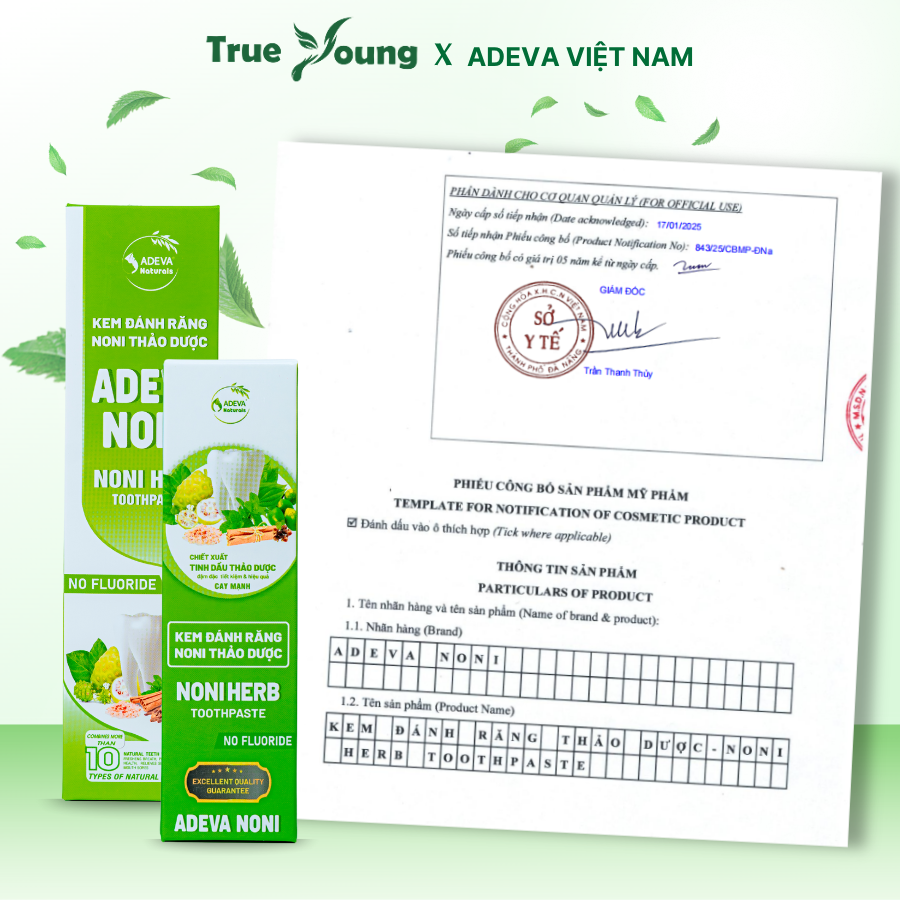 Kem Đánh Răng Thảo Dược NONI Adeva - Trắng răng, Ngăn Ngừa Hôi Miệng, Hỗ trợ giảm ê buốt, Viêm Nướu