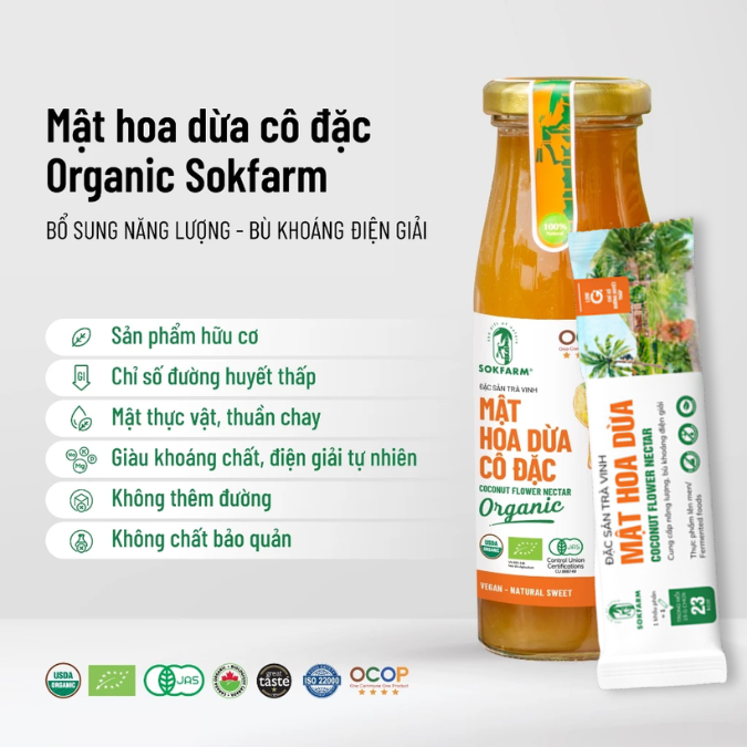 (GIẢM 15%) Mật hoa dừa cô đặc Organic Sokfarm, chỉ số đường huyết thấp