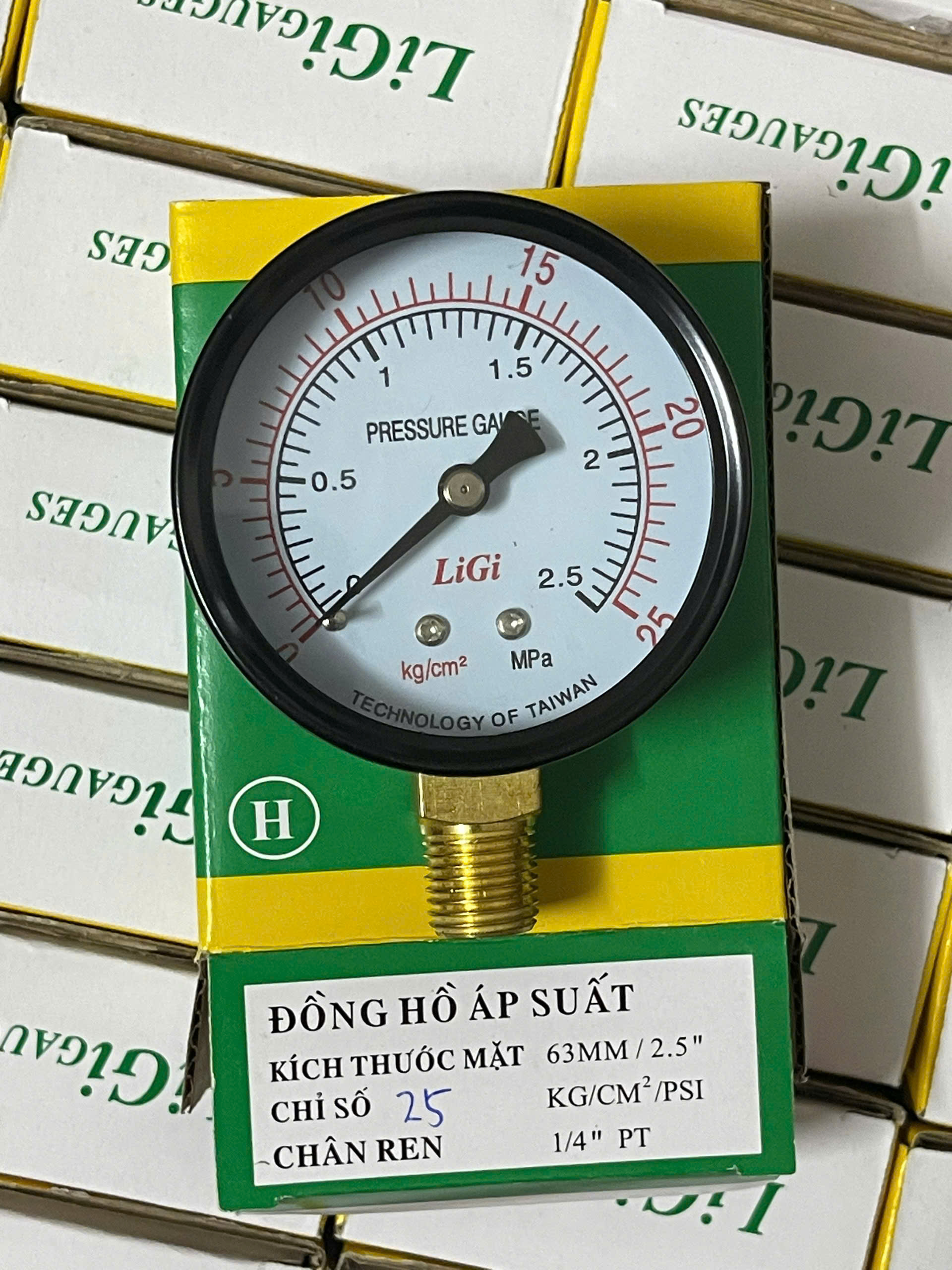 Đồng Hồ Hơi Áp Suất 63mm - Thang Đo 25kg/cm² (2.5MPa) - Ren Đồng 1/4" 13mm - Vỏ Thép Sơn Tĩnh Điện
