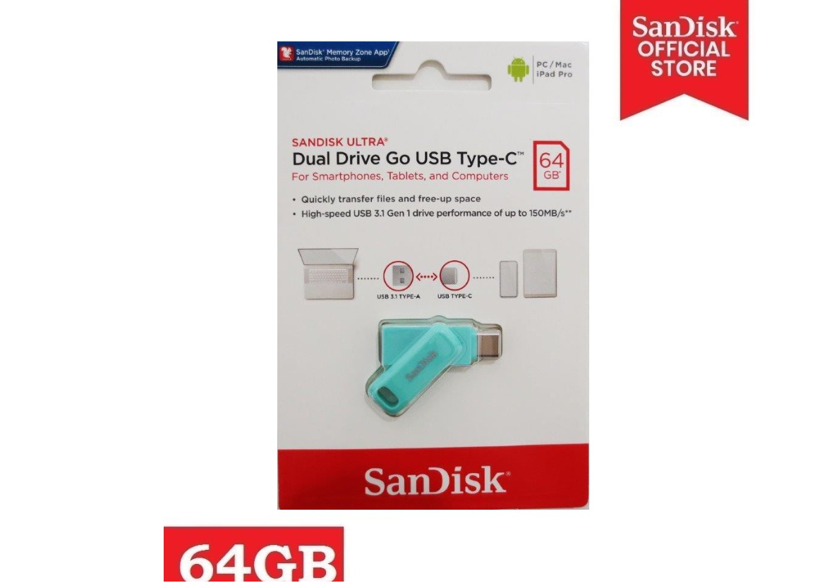 SanDisk Ultra Dual Drive Go USB3.1/Type C, 64GB, Green, Model: SDDDC3-064G-G46G