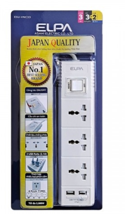 Ổ cắm điện ELPA ESU-VNC33 3 ổ điện, 1 công tắc, 3m, 2xUSB