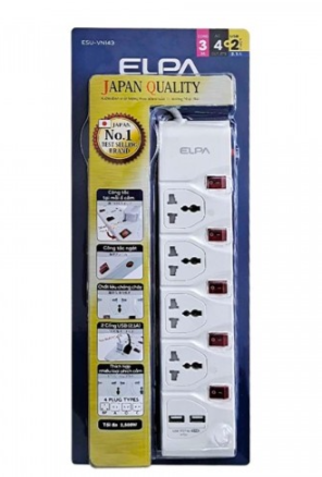 Ổ cắm điện ELPA ESU-VNI43 4 ổ điện, 5 công tắc, 3m, 2xUSB