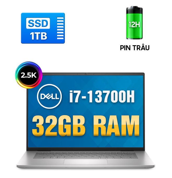 Máy tính xách tay Dell Inspiron 16 Plus 7630 ( Intel Core i7-13700H/ RAM 32GB/ 1TB SSD/ Intel Iris Xe Graphics /16.0 inch QHD / Win 11/ Bạc_NK)