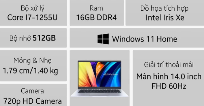 Laptop ASUS Vivobook 14 X1404ZA-NK389W (I7-1255U/16GB/512GB PCIE/14.0 FHD/WIN11/BẠC) - Chính hãng