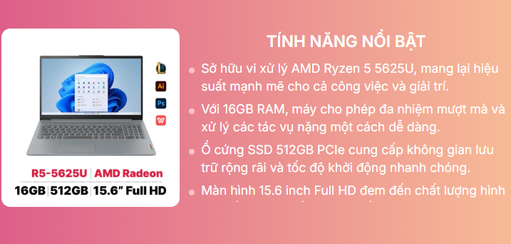 Laptop Lenovo Ideapad Slim 3 15ABR8 (82XM00MDVN) (R5-5625U/16GB/512GB/15.6 FHD/Win 11/Xám) - Chính hãng