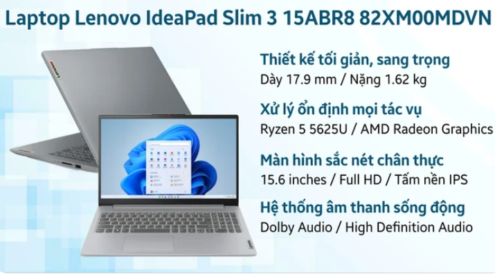 Laptop Lenovo Ideapad Slim 3 15ABR8 (82XM00MDVN) (R5-5625U/16GB/512GB/15.6 FHD/Win 11/Xám) - Chính hãng