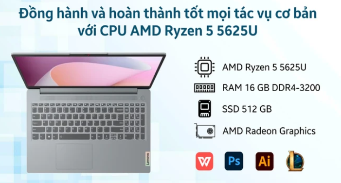 Laptop Lenovo Ideapad Slim 3 15ABR8 (82XM00MDVN) (R5-5625U/16GB/512GB/15.6 FHD/Win 11/Xám) - Chính hãng