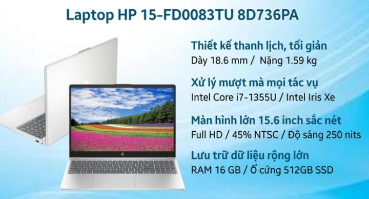 Laptop HP 15 fd0083TU 8D736PA (i7 1355U/ 16GB/ 512GB SSD/15.6 inch FHD/Win11/ Bạc