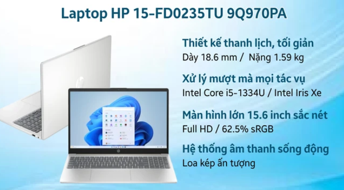 Laptop HP 15 fd0235TU 9Q970PA (i5 1334U/ 16GB/ 512GB SSD/15.6 inch FHD/Win11/ Bạc)