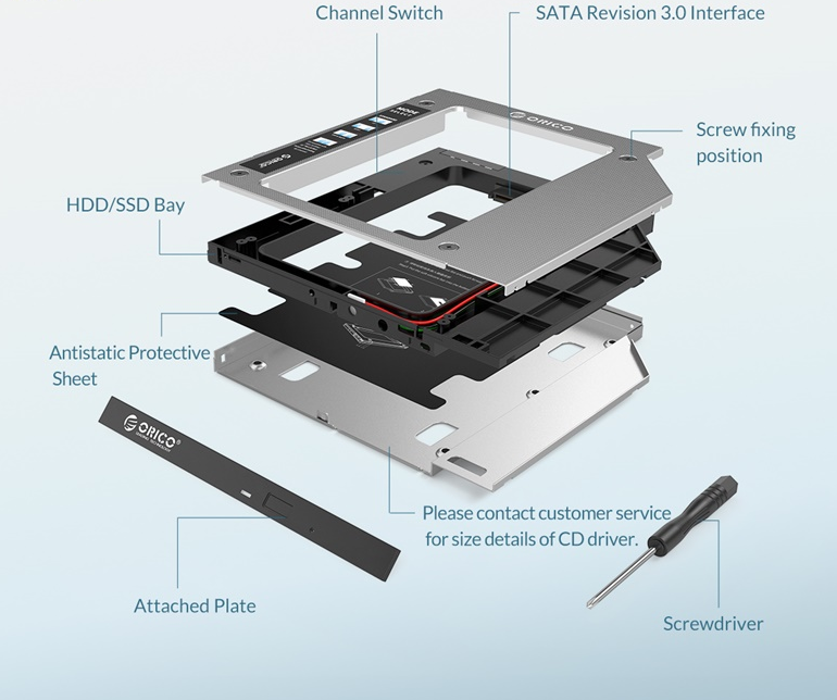 Caddy bay cho Laptop ORICO M95SS lắp cho máy có khay DVD 9.5mm