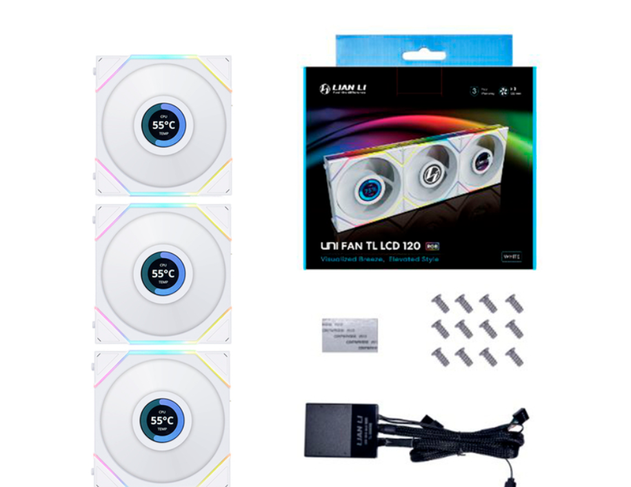 Quạt Tản Nhiệt Lian-Li UNI Fan TL Wireless LCD 120 Reverse Triple White (12RTLLCD1W3W)