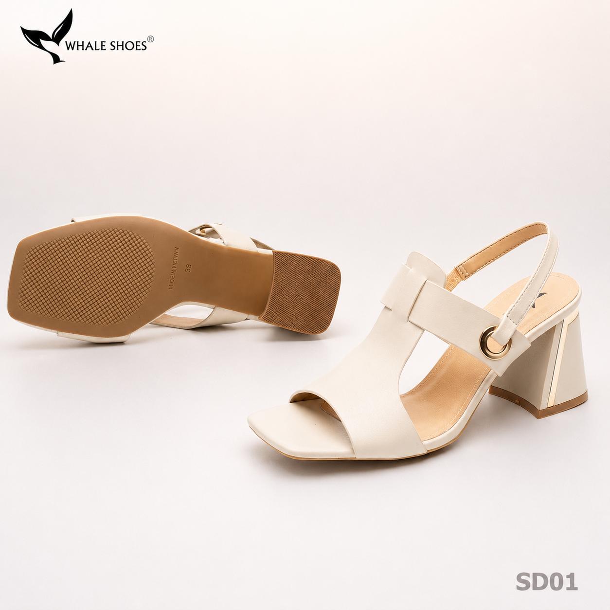 Giày Sandal nữ Whale Shoes 7cm, mũi vuông 7cm sơn vân da, viền mạ vàng, đế chống trượt-SD01