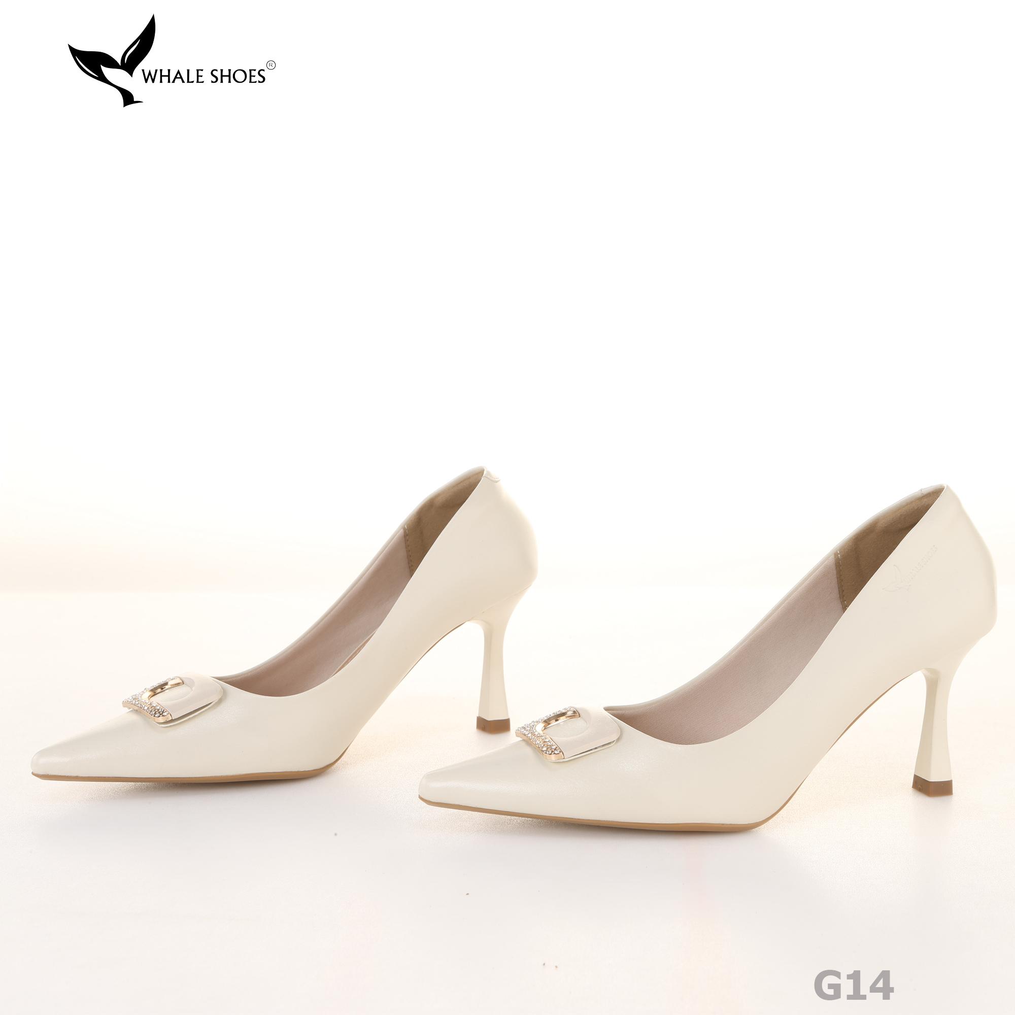 (Giảm size) Giày cao gót Whale Shoes 8cm, bít mũi, da mờ, đính khóa, lót êm, đế chống trượt-G14