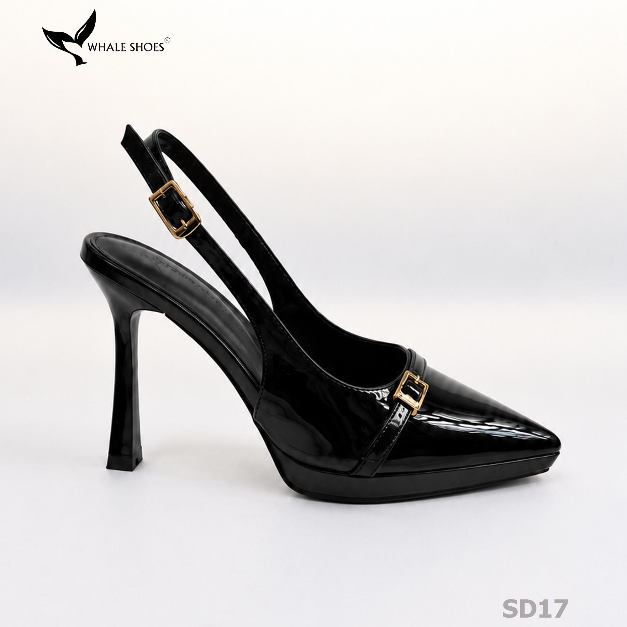 Giày Slingback Whale Shoes gót 10cm đúp mũi 1cm, khóa cài trang trí vàng Gold, đế chống trượt-SD17