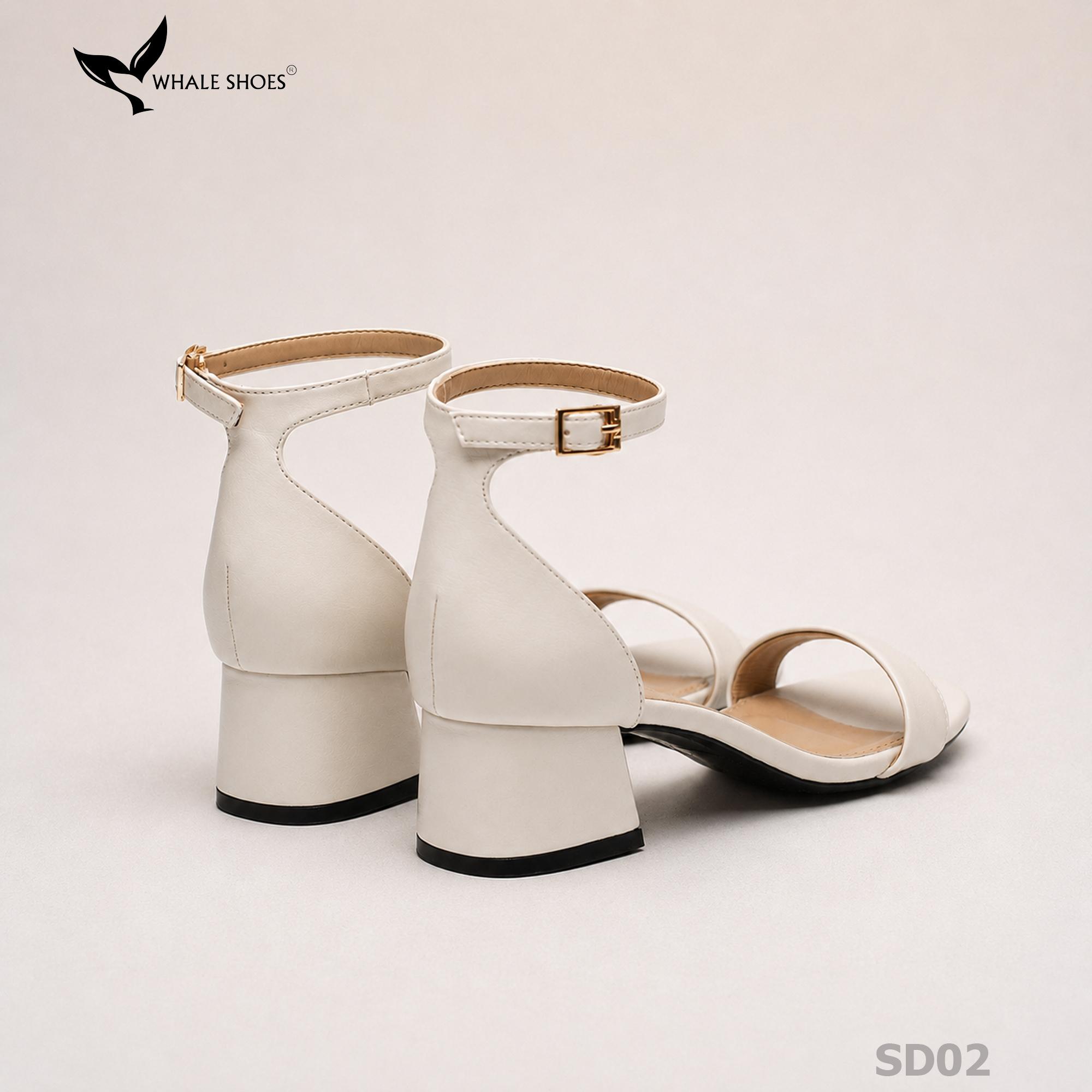 Giày Sandal nữ Whale Shoes mũi tròn gót vuông 4cm bản ngang, da mềm êm chân, đế chống trượt-SD02