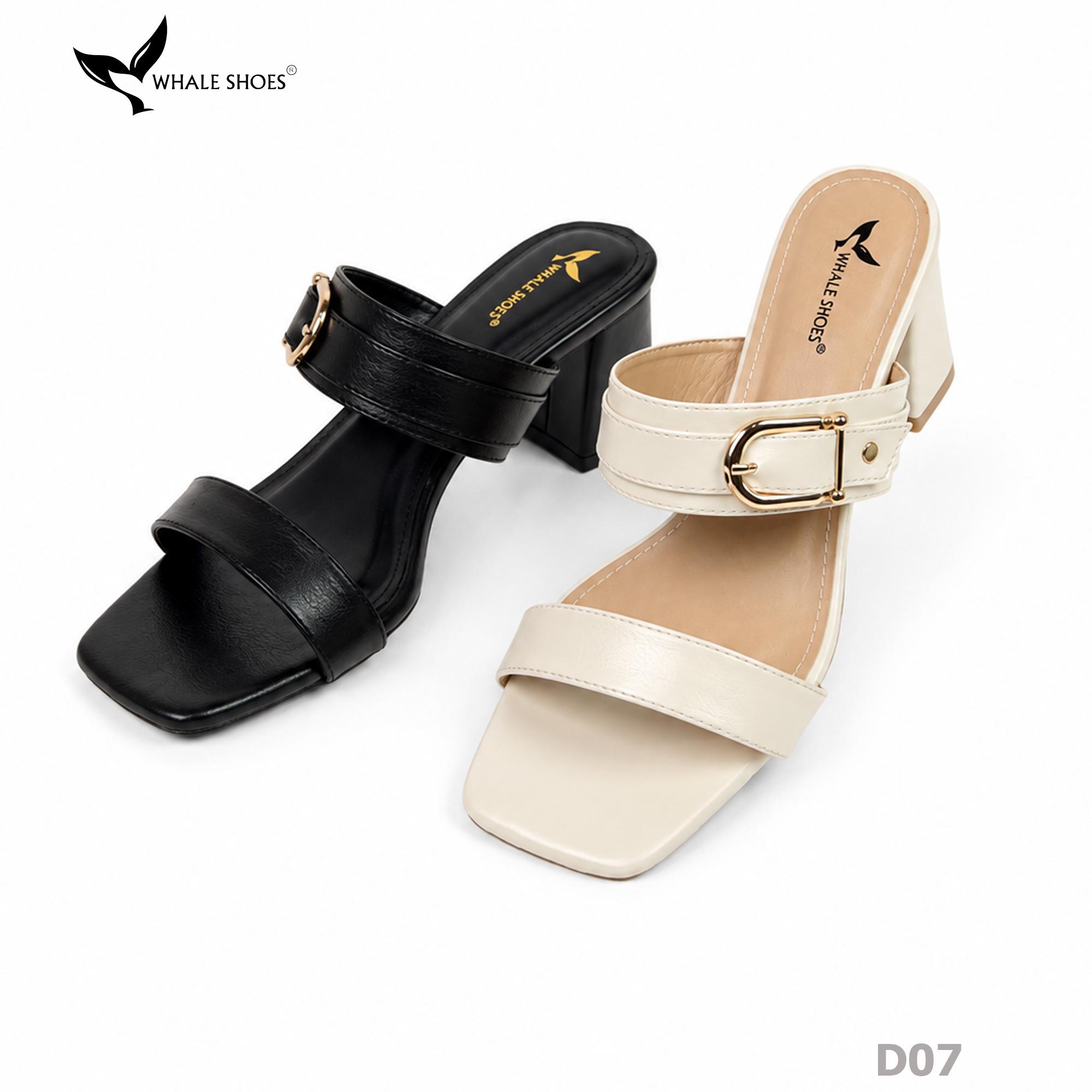 Dép cao gót Whale Shoes 6.5cm mũi vuông, đính khóa thanh lịch, êm chân, đế chống trượt-D07