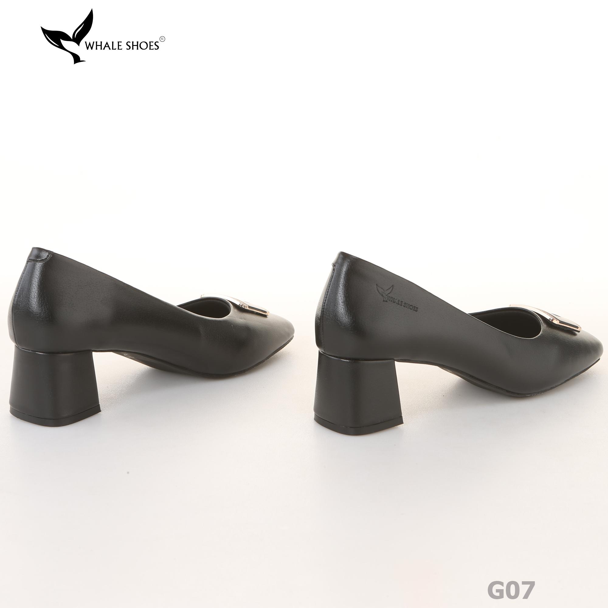 Giày cao gót nữ Whale Shoes 6cm mũi vuông, da mờ, gót trụ đính khóa, đế chống trượt-G07