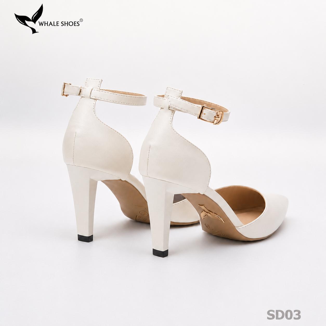 Giày cao gót Whale Shoes mũi nhọn 8cm có dây quai hậu, da mềm êm chân, đế chống trượt-SD03