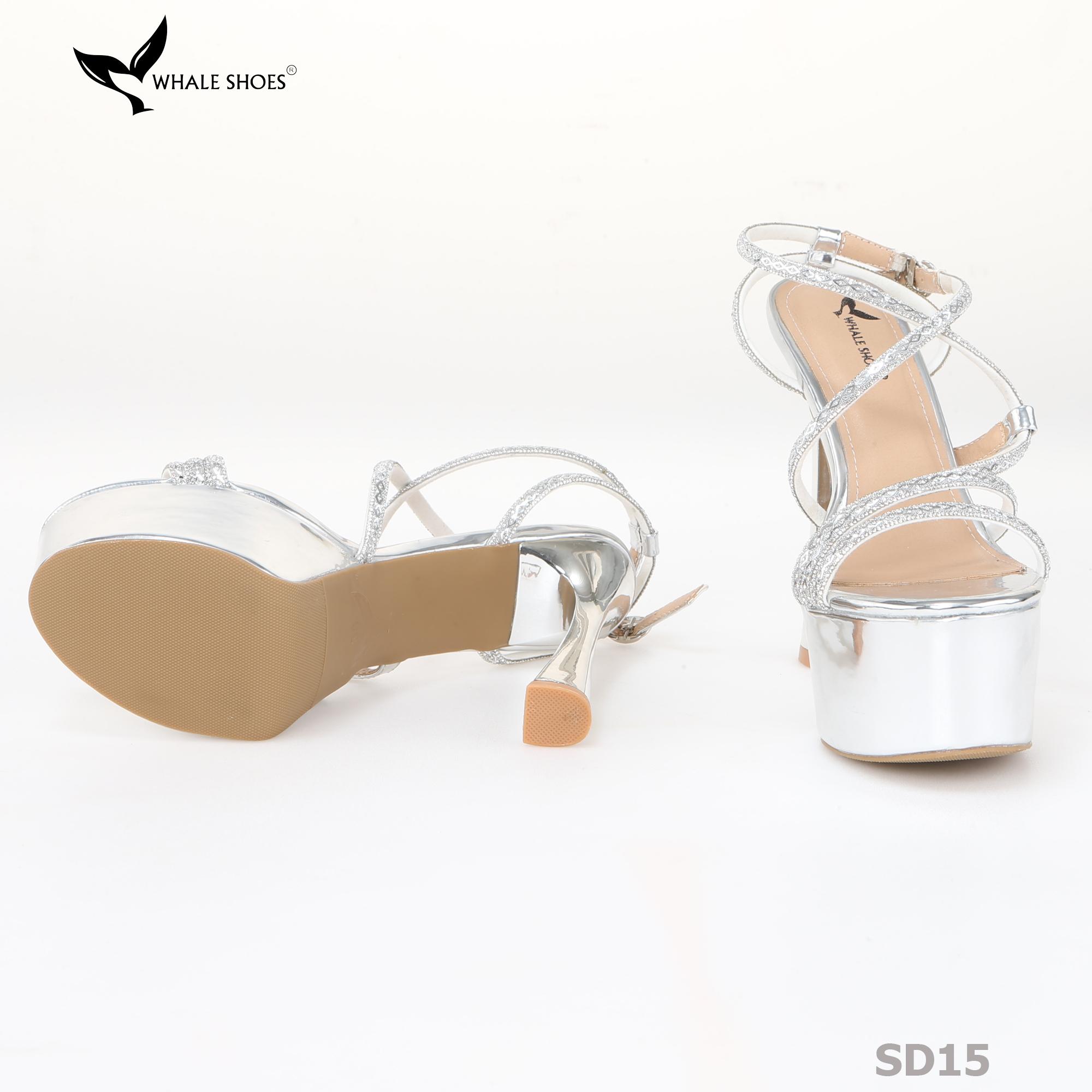 Giày Sandal hoa hậu Whale Shoes 15cm mũi tròn da bóng, dây đá sáng, đế chống trượt-SD15