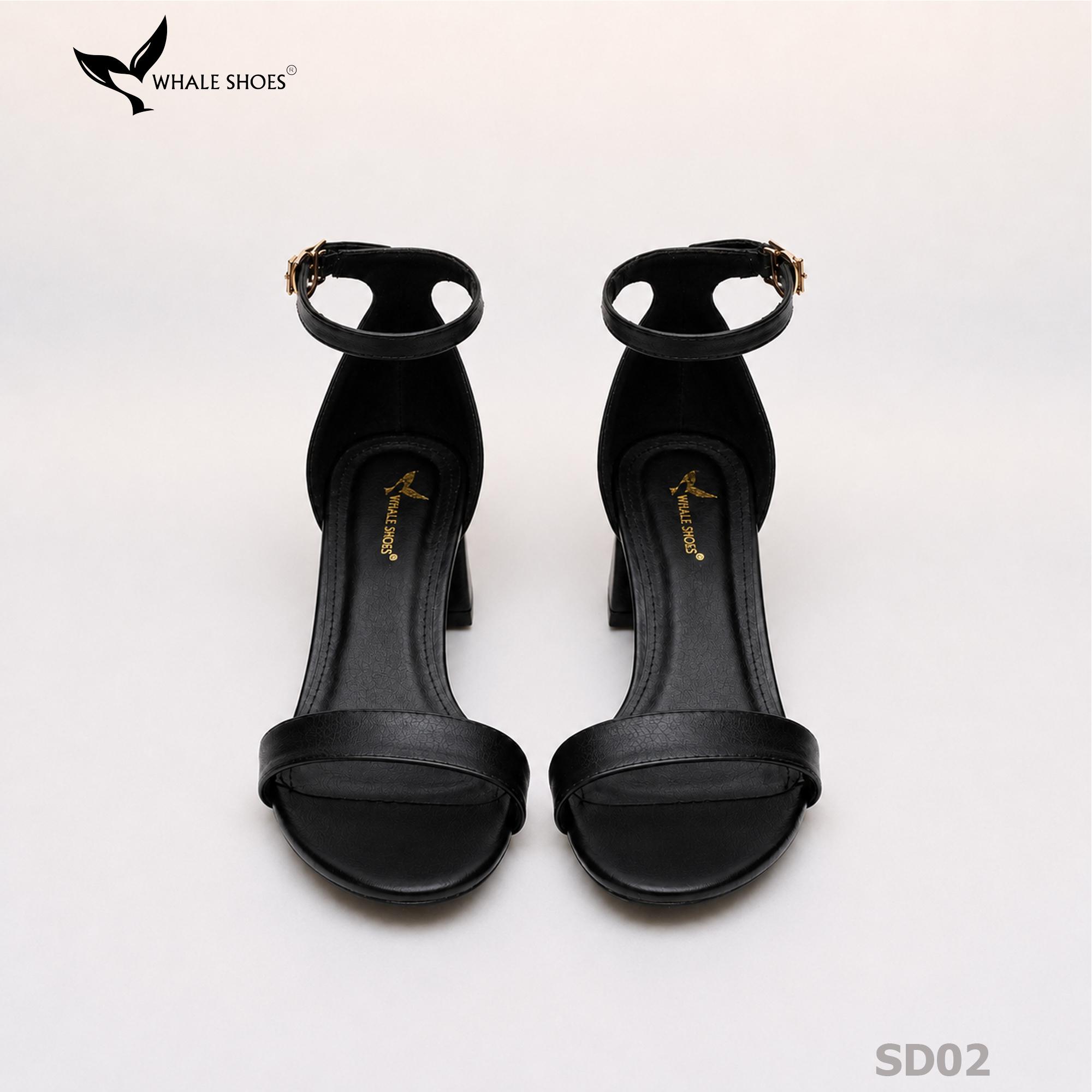 Giày Sandal nữ Whale Shoes mũi tròn gót vuông 4cm bản ngang, da mềm êm chân, đế chống trượt-SD02