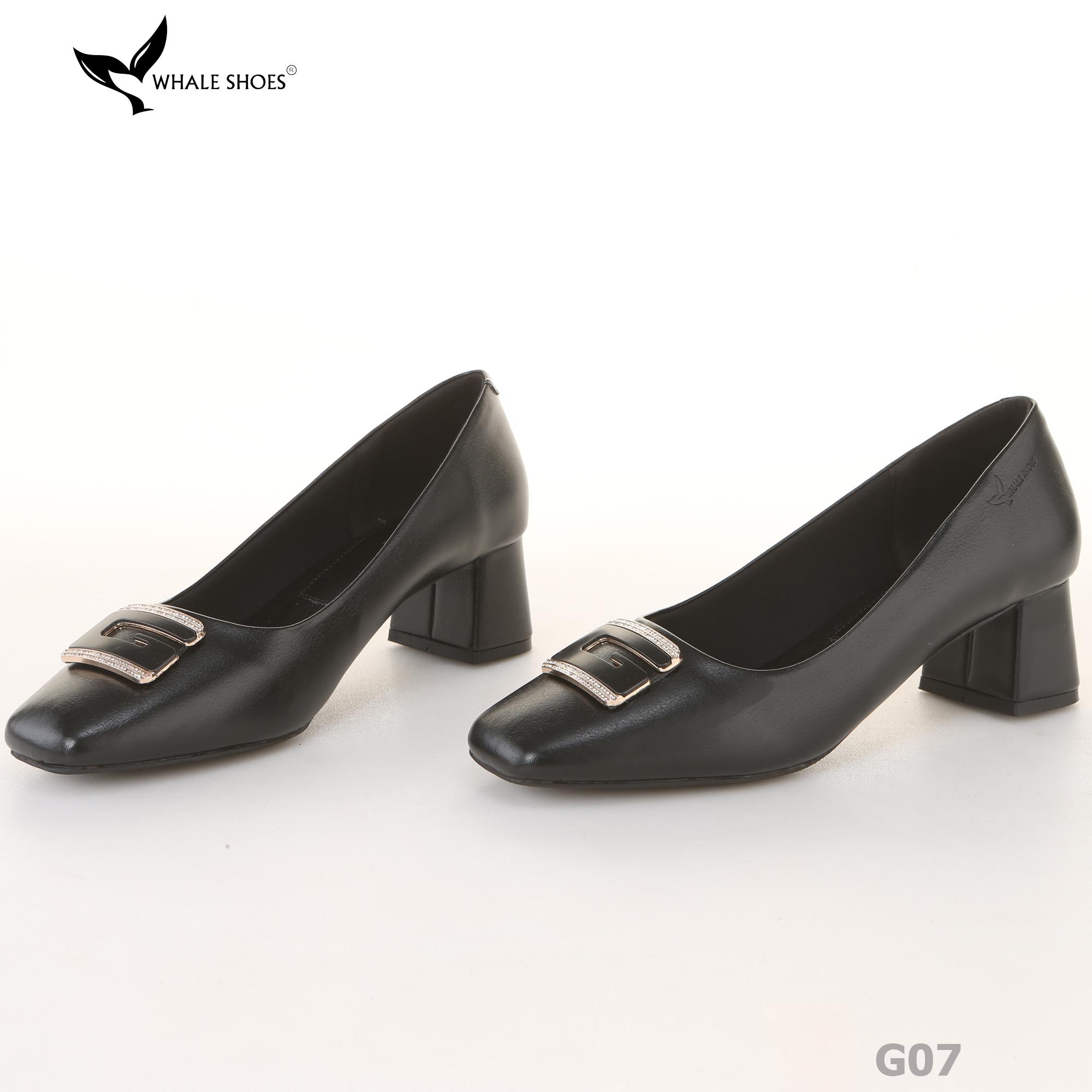 Giày cao gót nữ Whale Shoes 6cm mũi vuông, da mờ, gót trụ đính khóa, đế chống trượt-G07