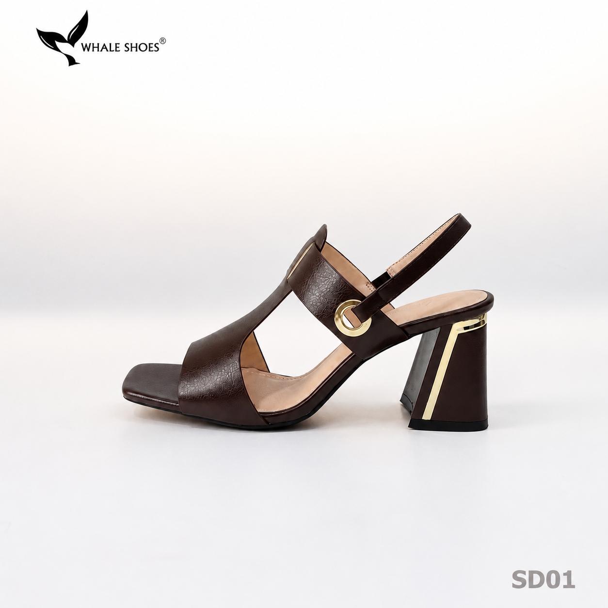 Giày Sandal nữ Whale Shoes 7cm, mũi vuông 7cm sơn vân da, viền mạ vàng, đế chống trượt-SD01