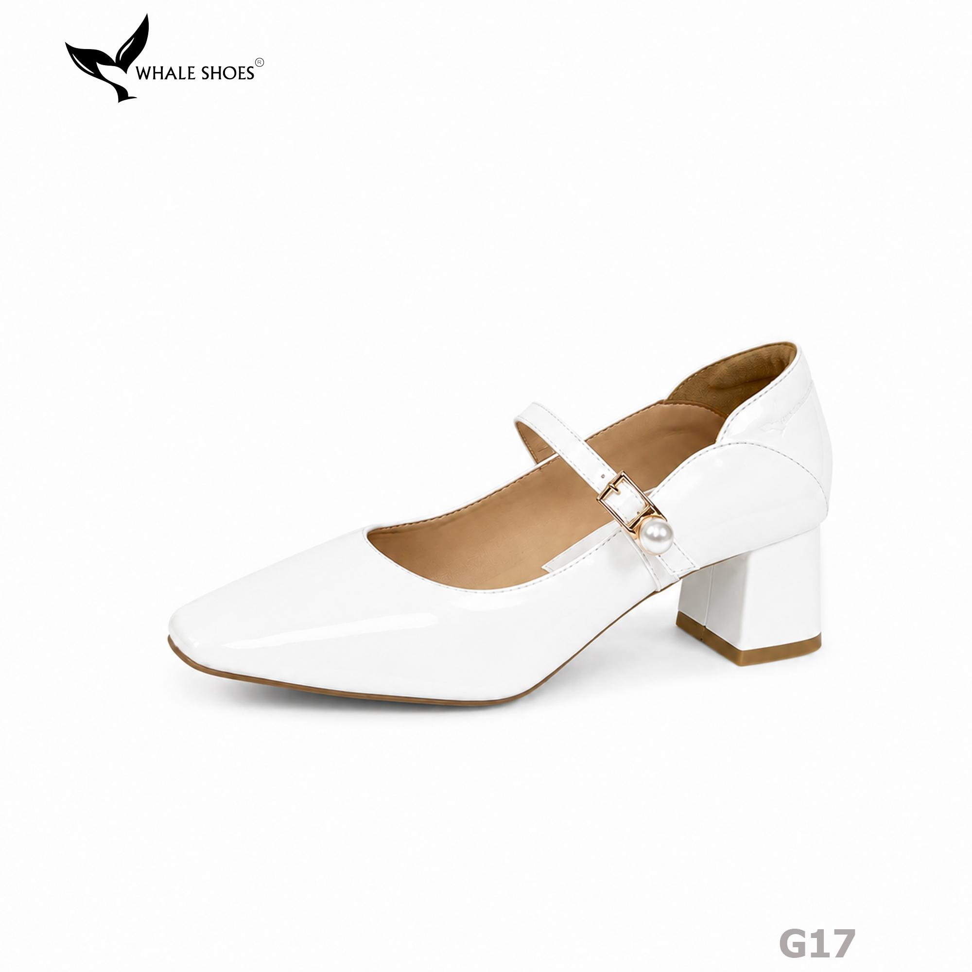 Giày Cao Gót Bít Mũi Whale Shoes 5cm Da Bóng quai đính khóa ngọc trai, Lót Êm, Đế Chống Trượt-G17