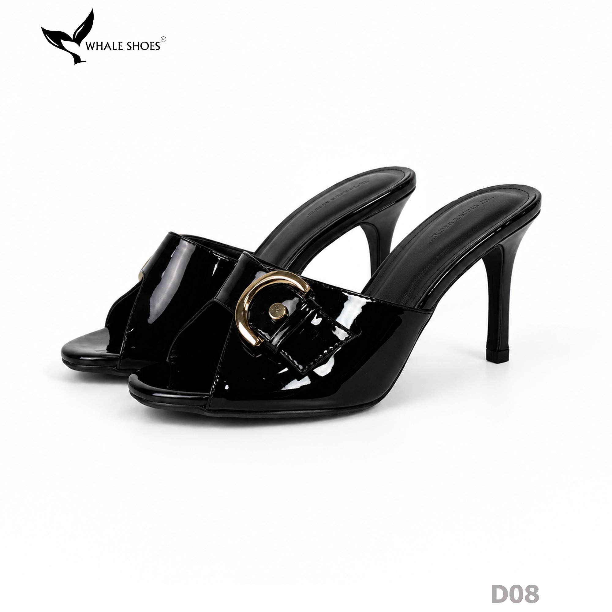 (Tăng size) Dép cao gót Whale Shoes 8,5cm mũi tròn, đính khóa thanh lịch, đế chống trượt-D08