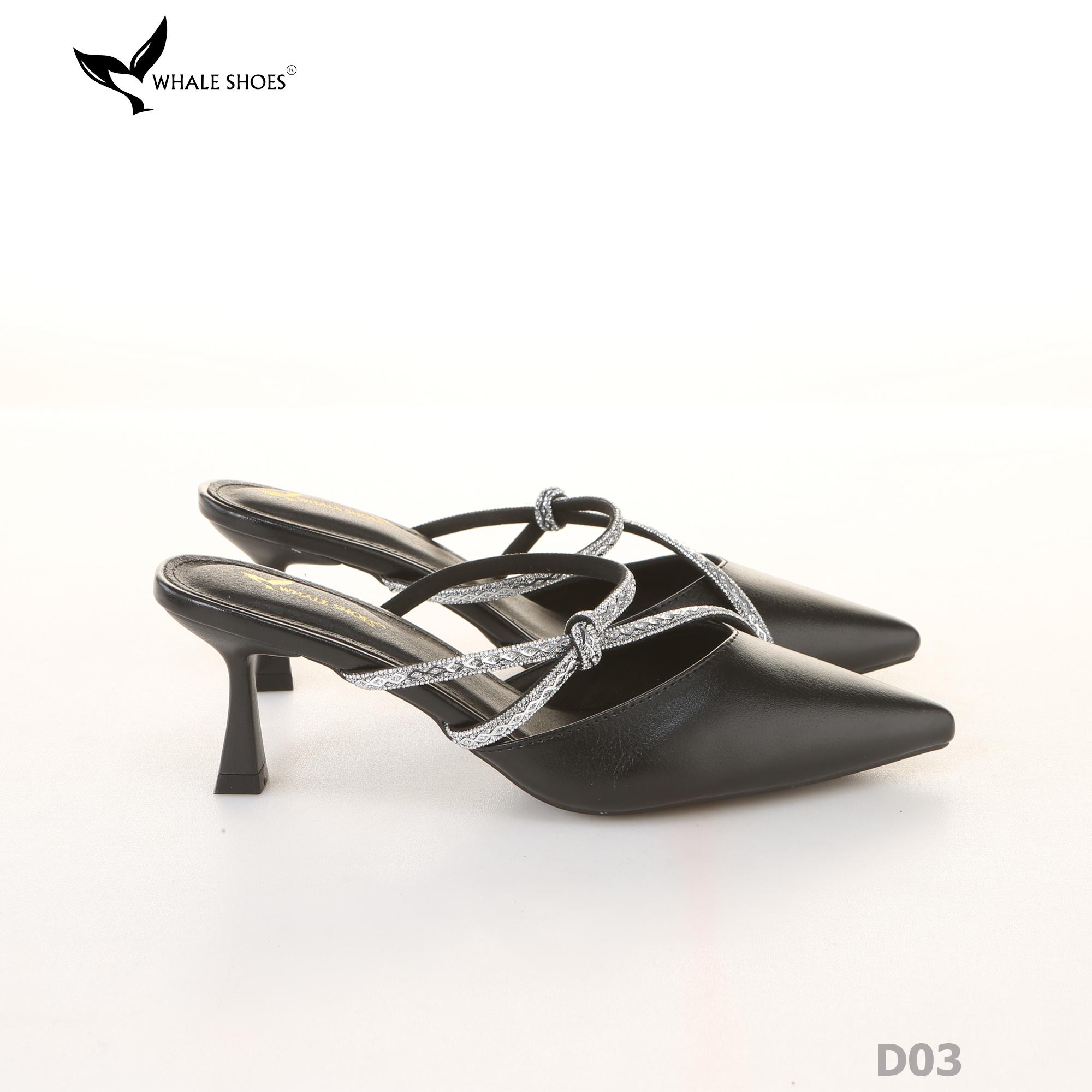Sục cao gót nữ Whale Shoes (tăng size) 7cm mũi nhọn, cổ tim, dây đính đá, đế chống trượt-D03