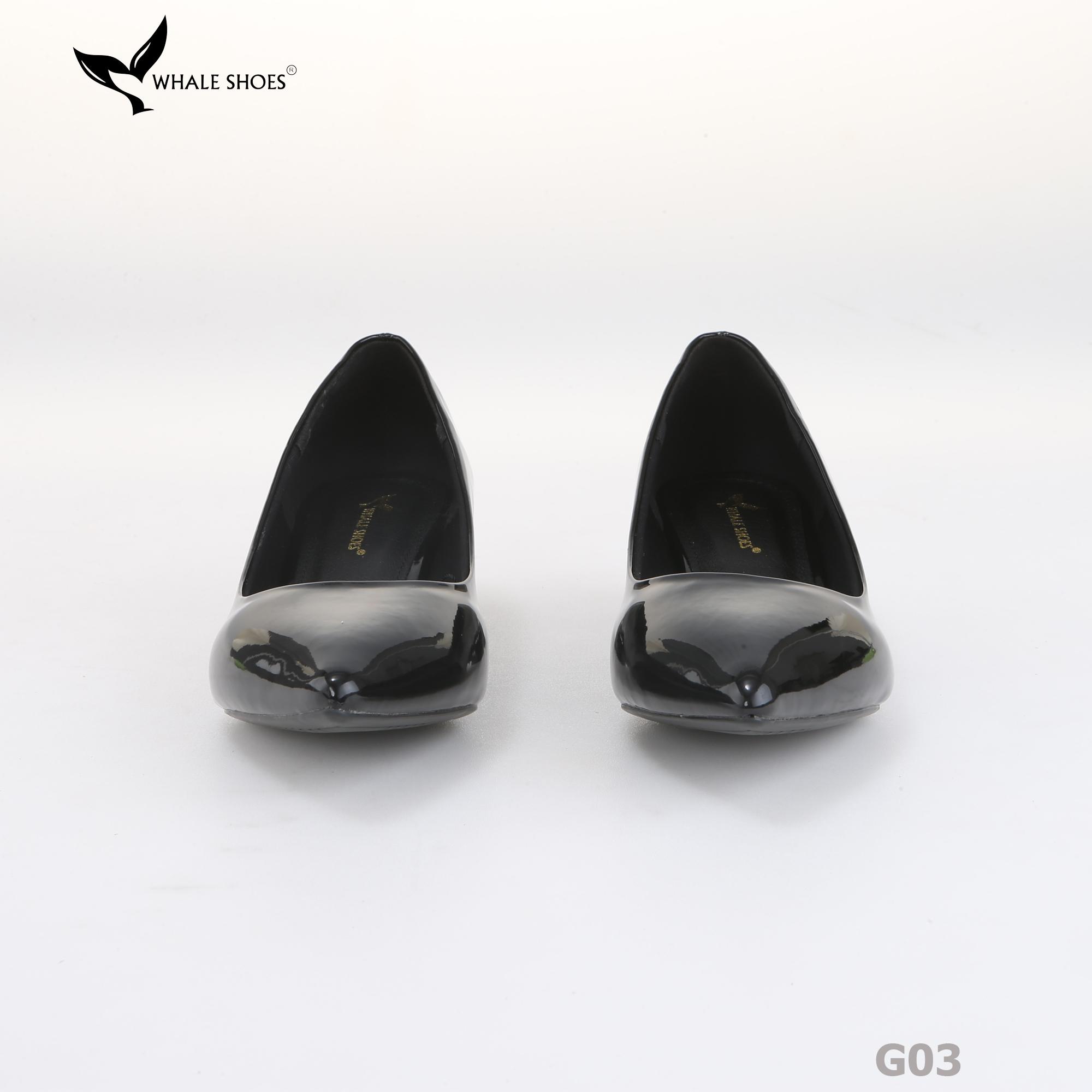 Giày cao gót nữ Whale Shoes 4cm da bóng, gót vuông mica viền vàng mũi nhọn-G03
