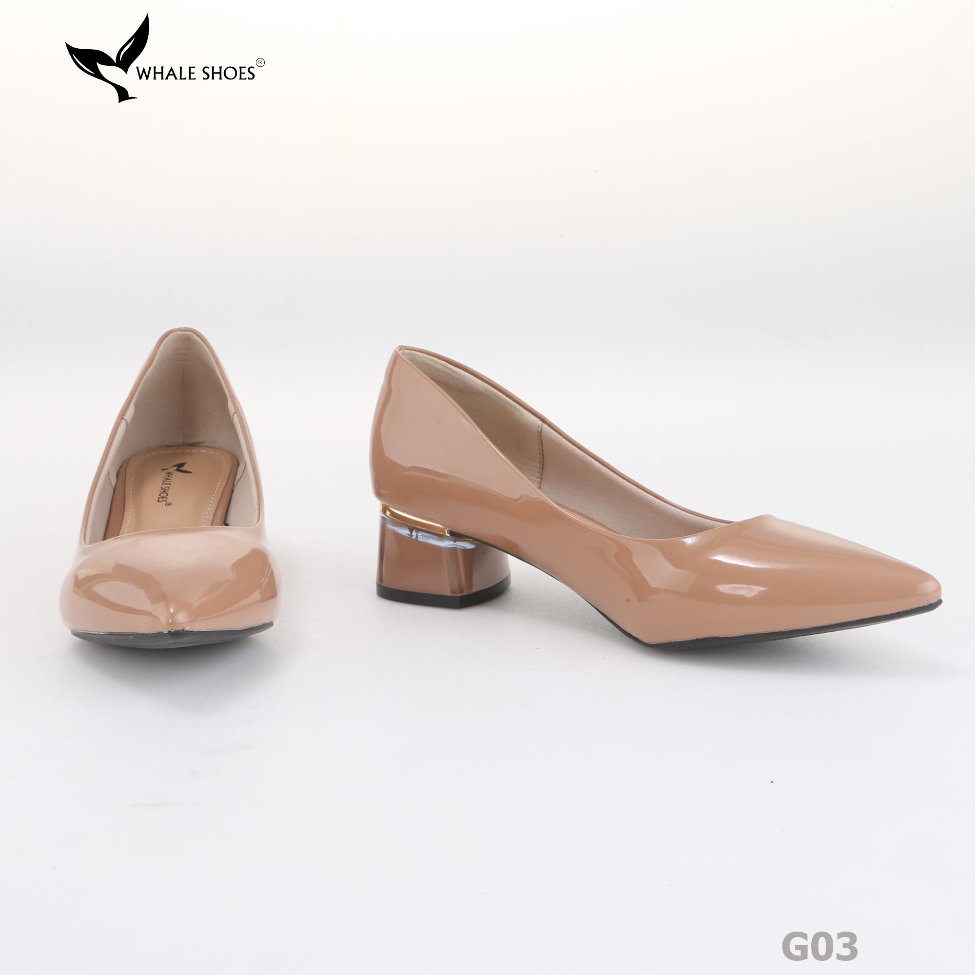 Giày cao gót nữ Whale Shoes 4cm da bóng, gót vuông mica viền vàng mũi nhọn-G03