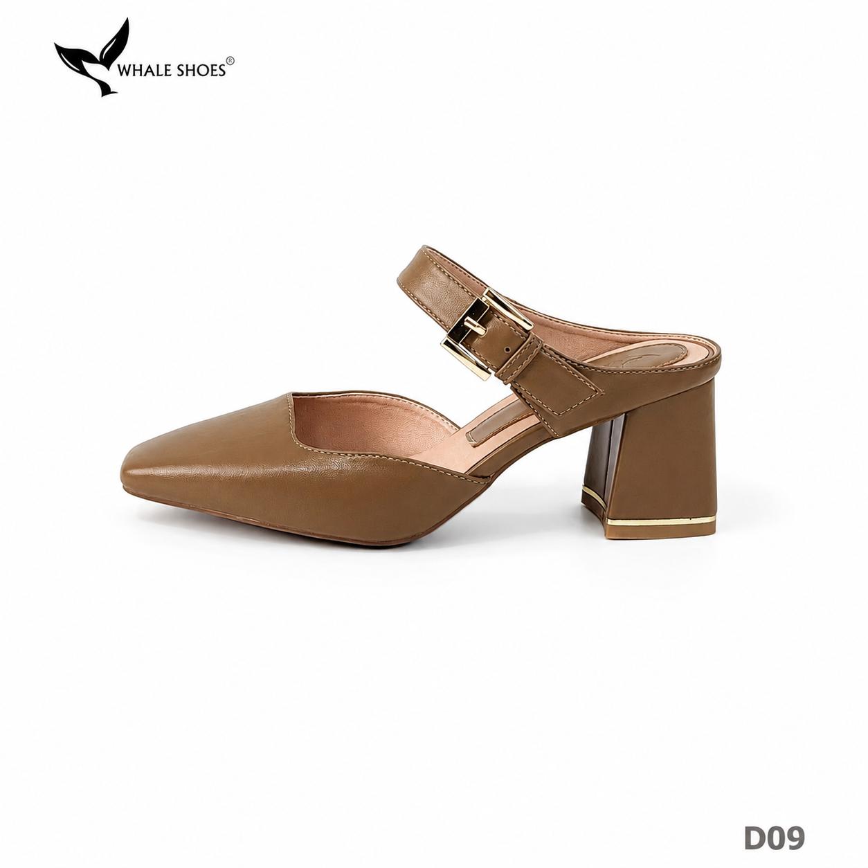 Dép Sục nữ  Whaleshoes Gót 7cm Gót Vuông Quai Khóa Kim Loại Vàng Gold Thanh Lịch-D09