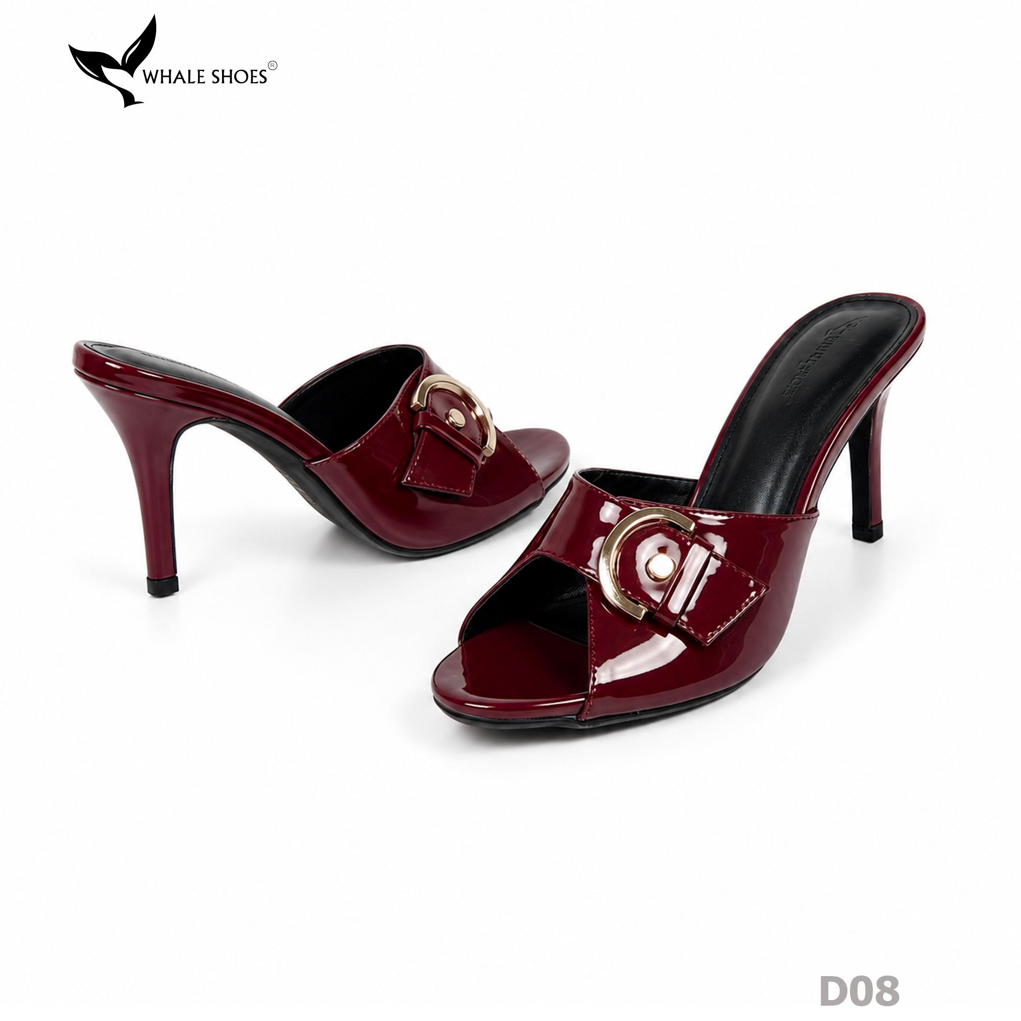 (Tăng size) Dép cao gót Whale Shoes 8,5cm mũi tròn, đính khóa thanh lịch, đế chống trượt-D08